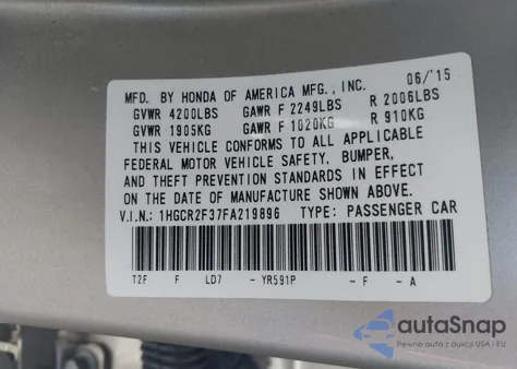 2015 Honda Accord Lx из США, поврежденный, VIN 1HGCR2F37FA219896